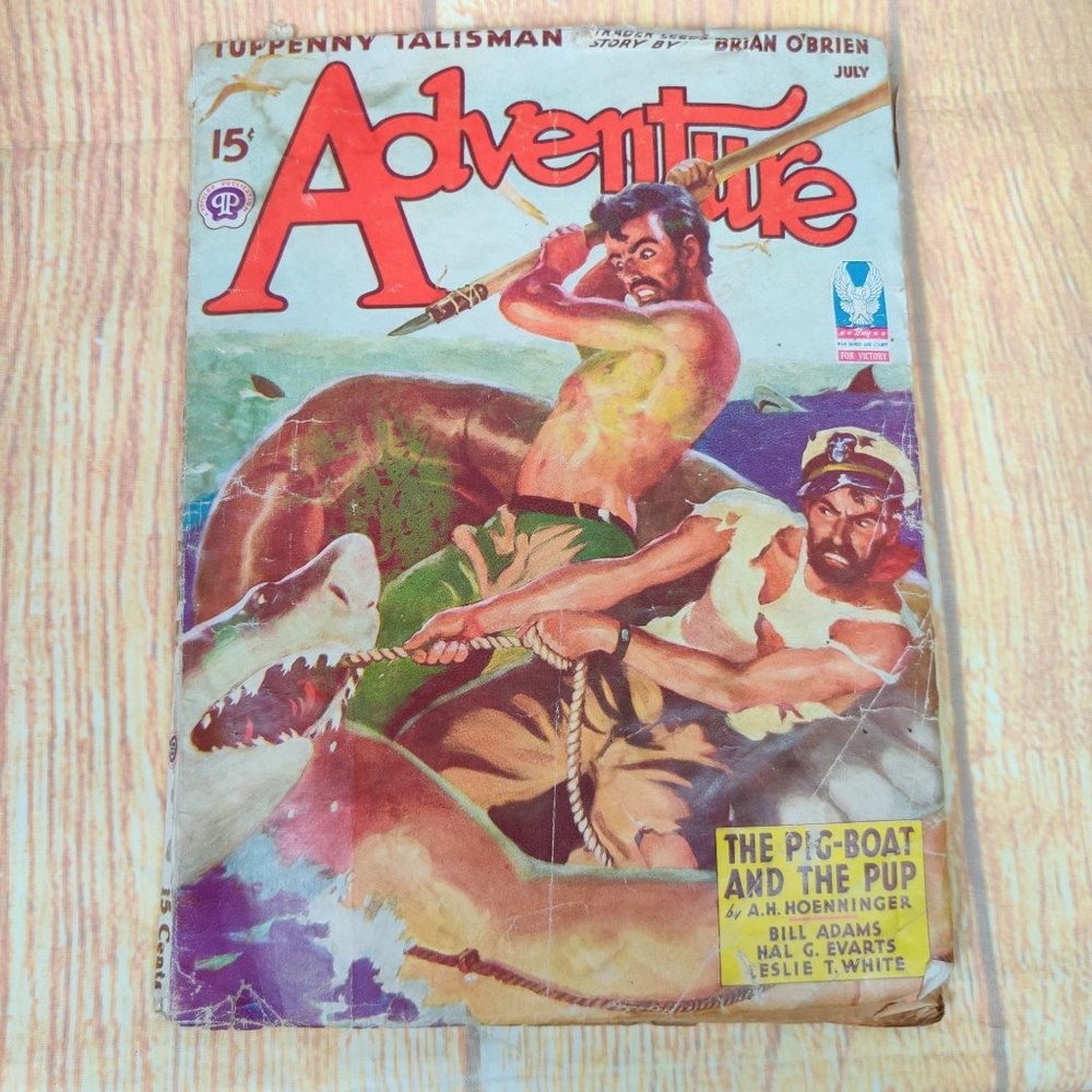 Vintage Adventure pulp magazine july 1943 shark attack the pig boat and the pup